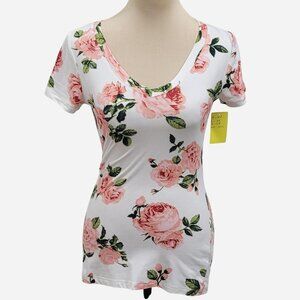 Heart Hips Pink Floral V‑Neck Tee (S)